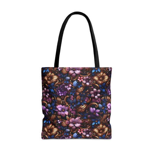 Steampunk Purple and Blue Flowers with Filigree and Gears and Mechanical Elements - Canvas Tote 3 Sizes