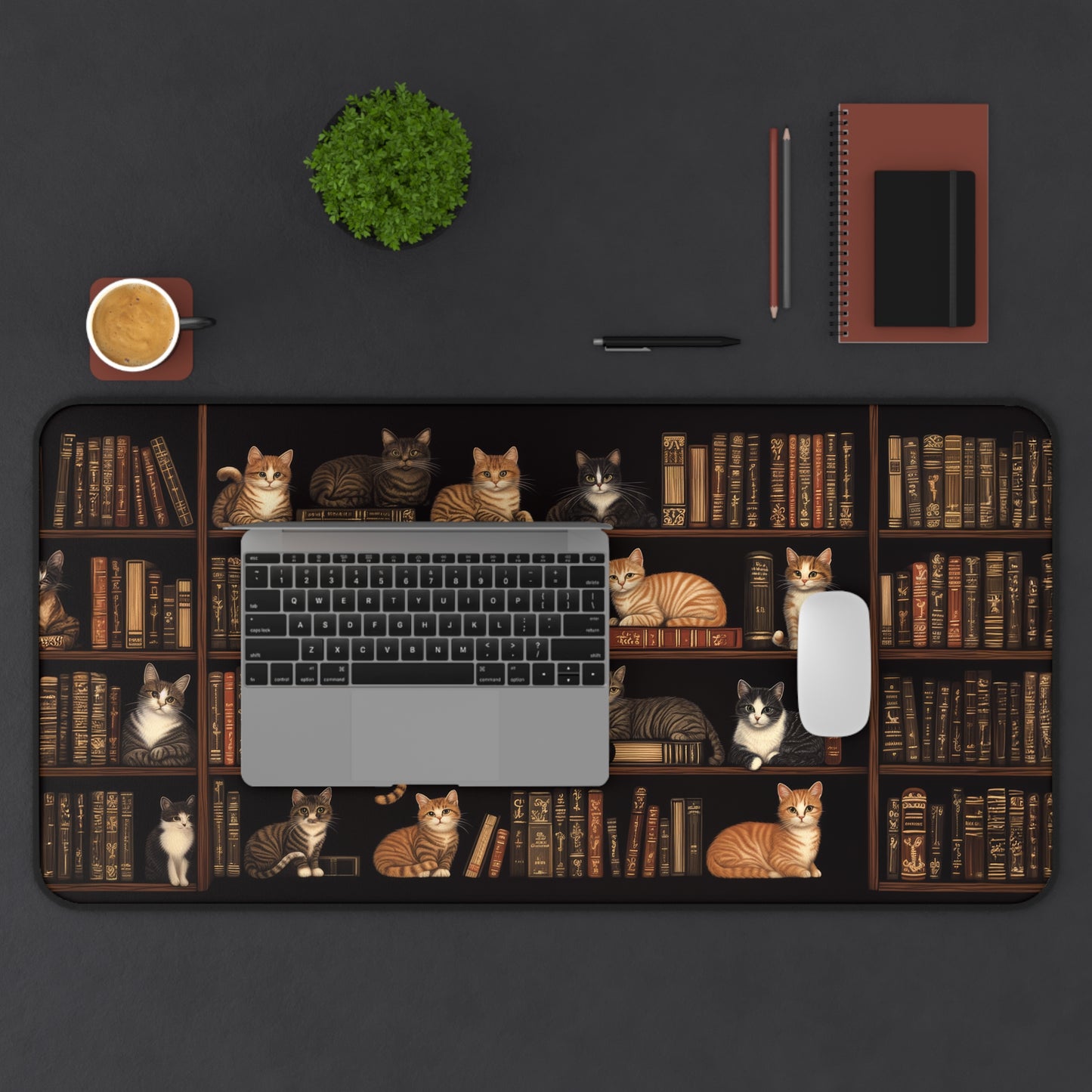 Cozy Bookshelf Cats Extended Gaming Mouse Pad Desk Mat  - 3 Sizes