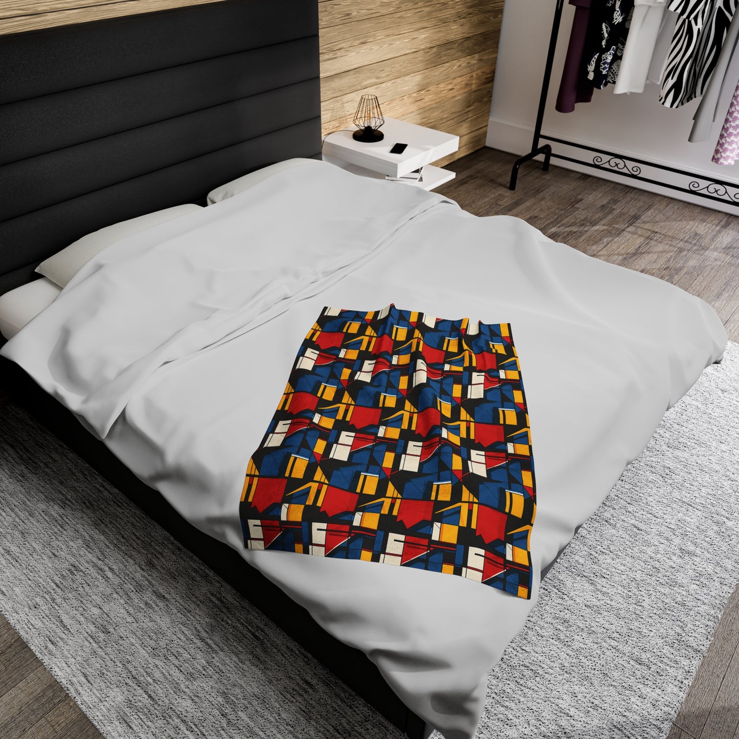 Mondrian-Inspired Bold Primary Colors and Black Lines Abstract Velveteen Plush Blanket 3 Sizes