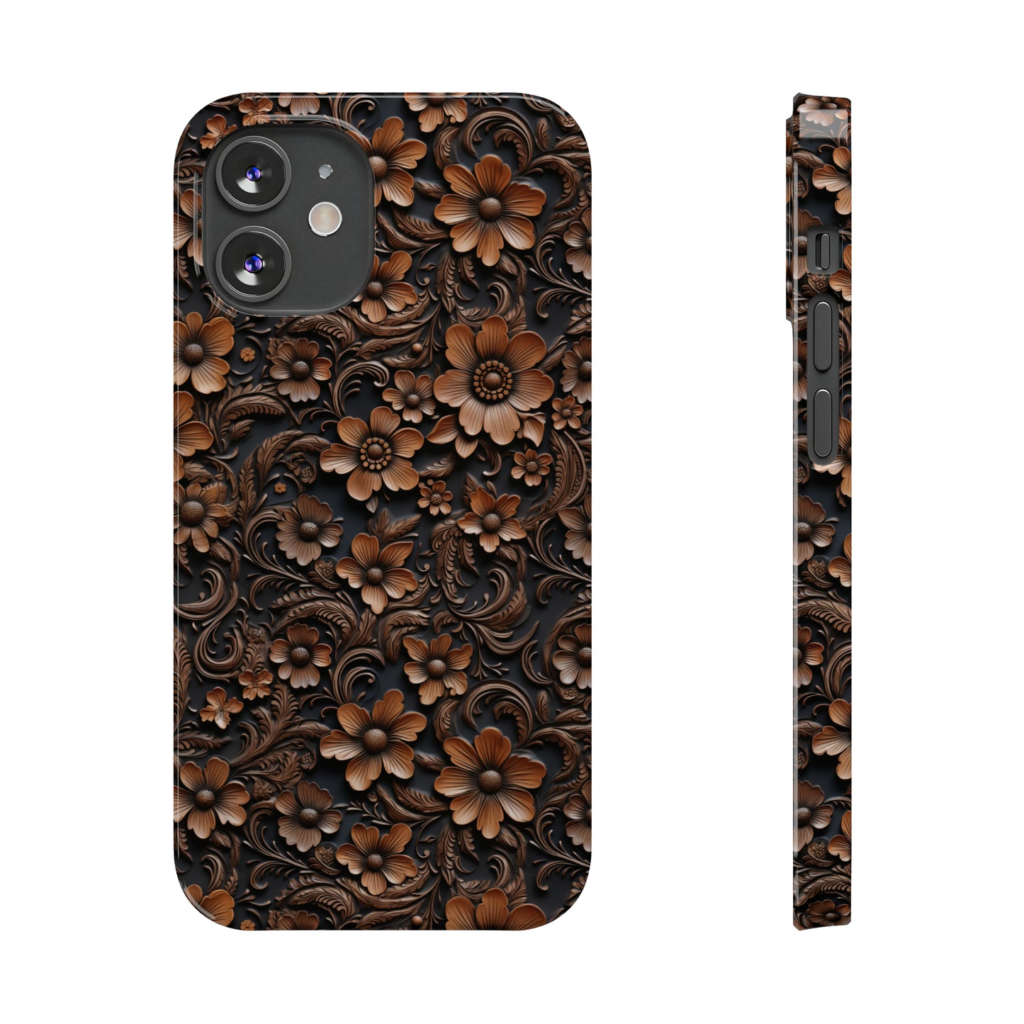 Tooled Deep Brown Leather Flowers Print Design Iphone 15-12 Slim Phone Case