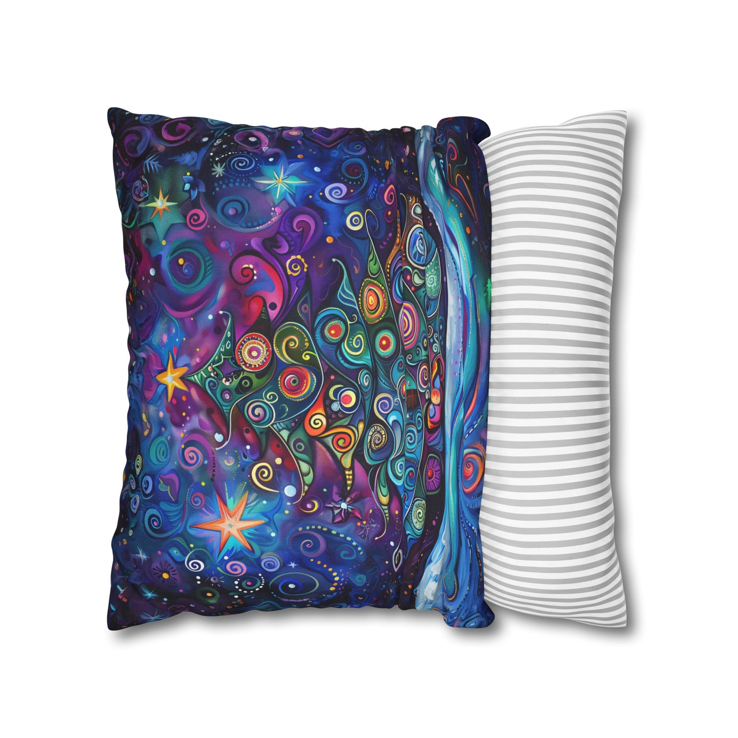 Christmas Tree in Magical Purple Hues, Sparkling Amidst Vibrant Stars Spun Polyester Square Pillowcase 4 Sizes