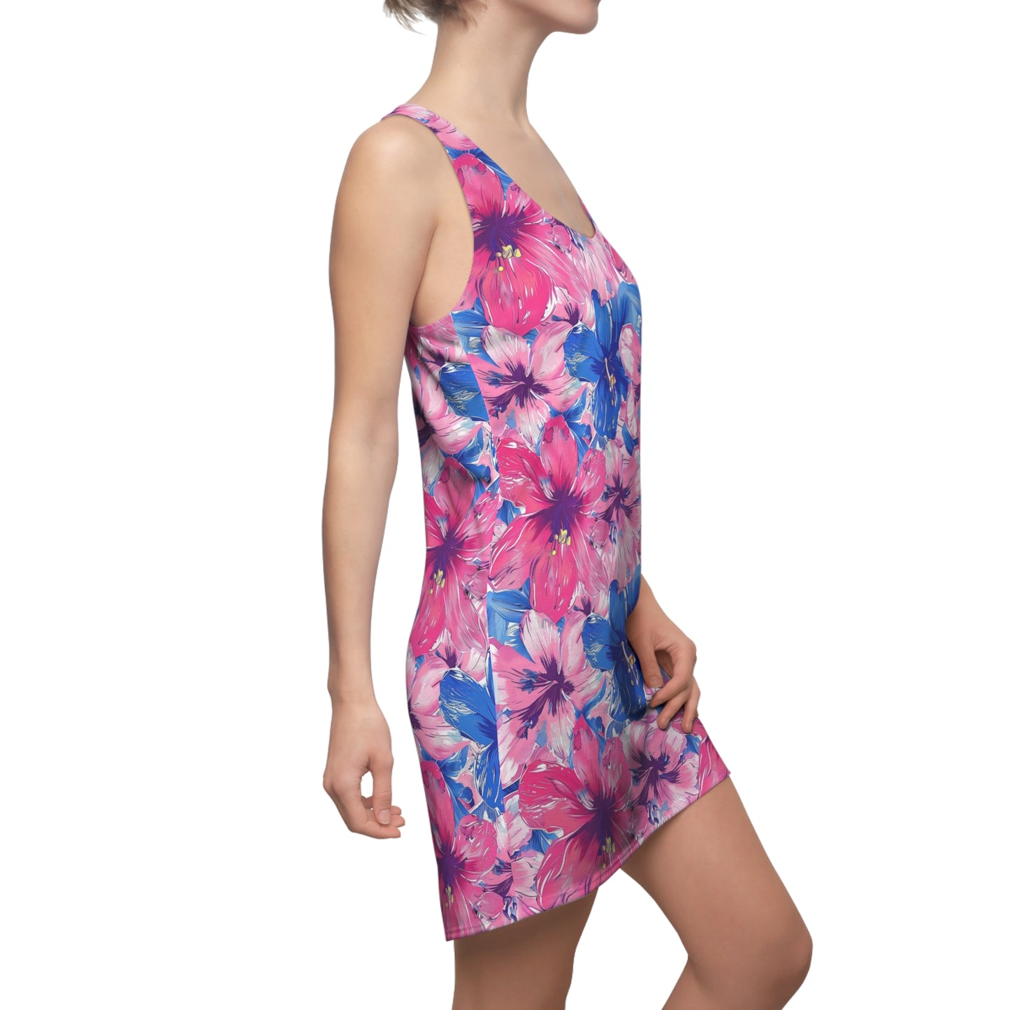 Blooming Bliss: Large Pink and Blue Blossoms in Full Bloom Women's Racerback Dress XS - 2XL