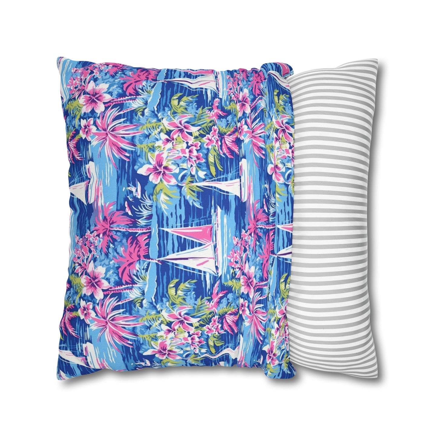 Sailing Tropics: Watercolor Sailboats Amidst Ocean Waves, Tropical Flowers, and Palm Trees Spun Polyester Square Pillowcase 4 Sizes