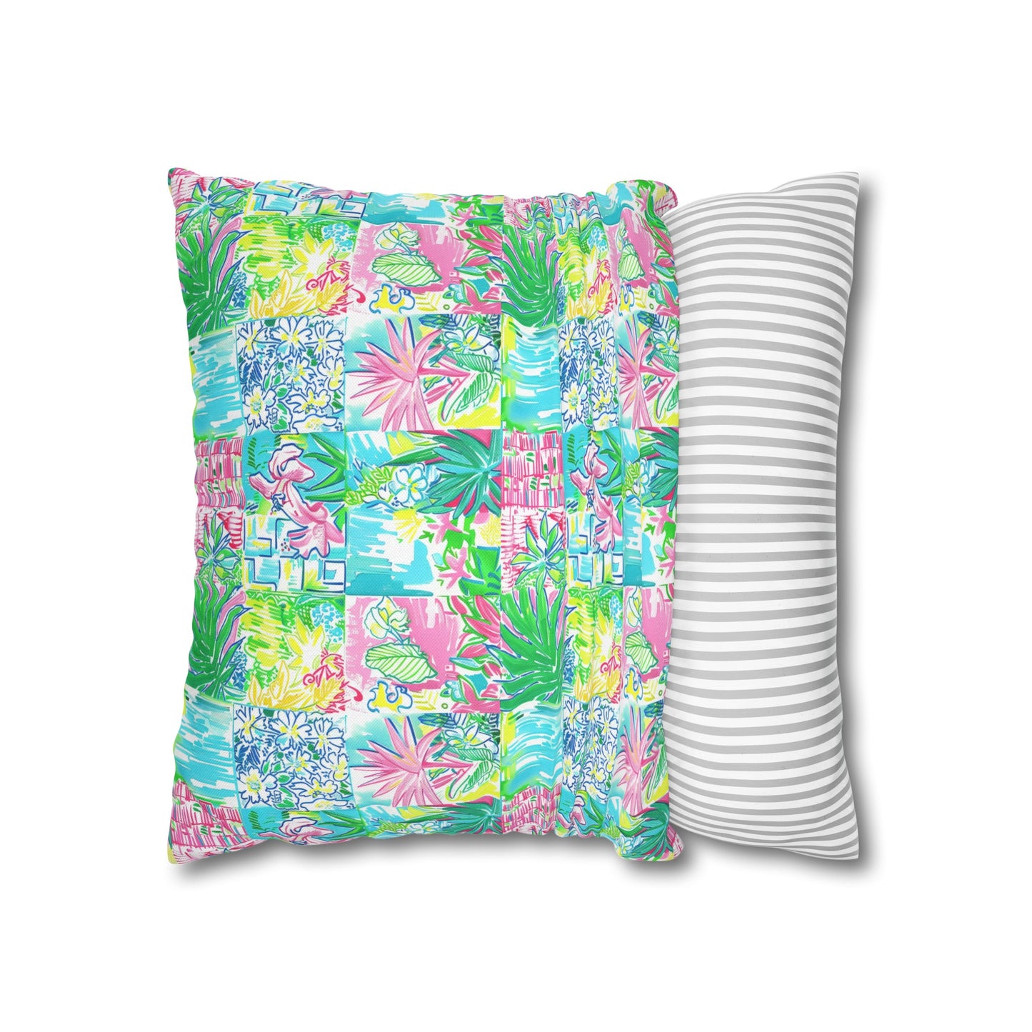 Whimsical Palm Trees and Flowers in Vibrant Pink, Teal, and Green Collage Spun Polyester Square Pillowcase 4 Sizes