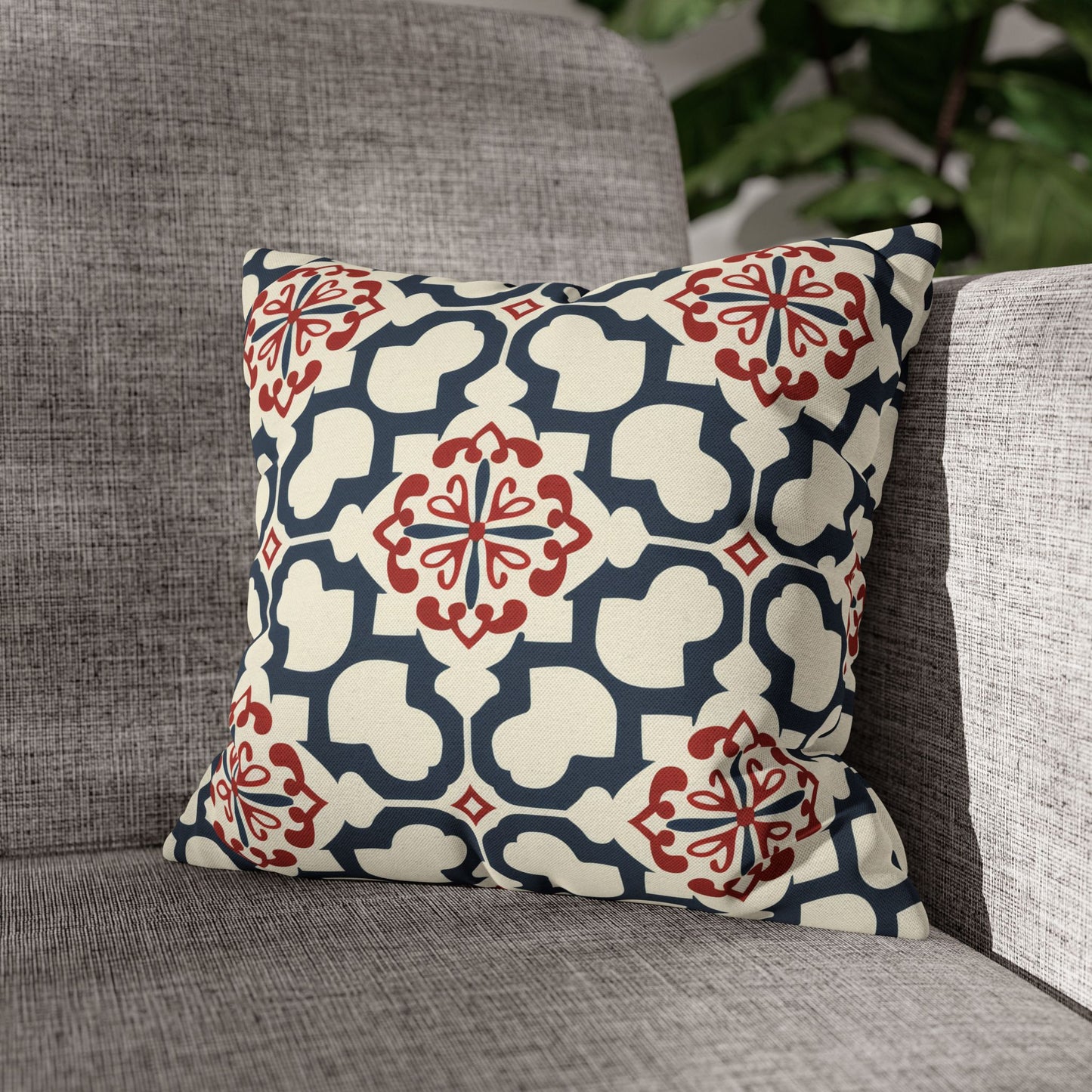 Traditional Korean Elegance in Bold Red and Navy Geometric Tile Pattern Spun Polyester Square Pillowcase 4 Sizes