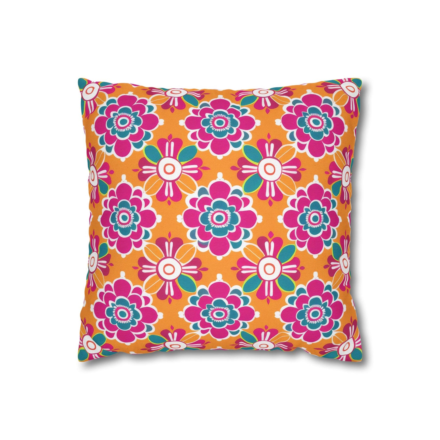 Array of Stylized Floral Motifs in Vivid Pink, Teal, and White Set Against a Warm Orange Backdrop Spun Polyester Square Pillowcase 4 Sizes