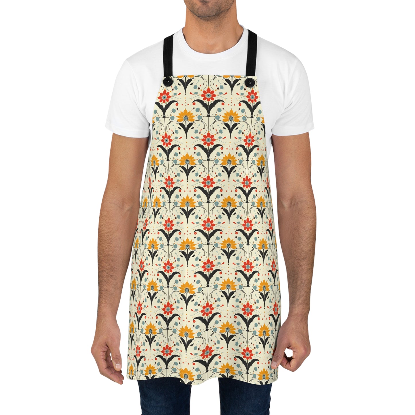 Whimsical Retro Garden in Muted Yellow, Red and Blues Kitchen Chef Apron