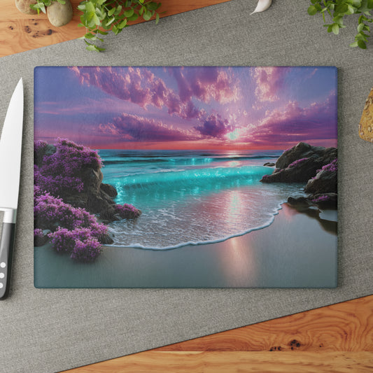 Tropical Beach Sunrise, Sparkling Ocean, and Golden Sand Glass Cutting Board, Charcuterie Serving Tray 2 Sizes