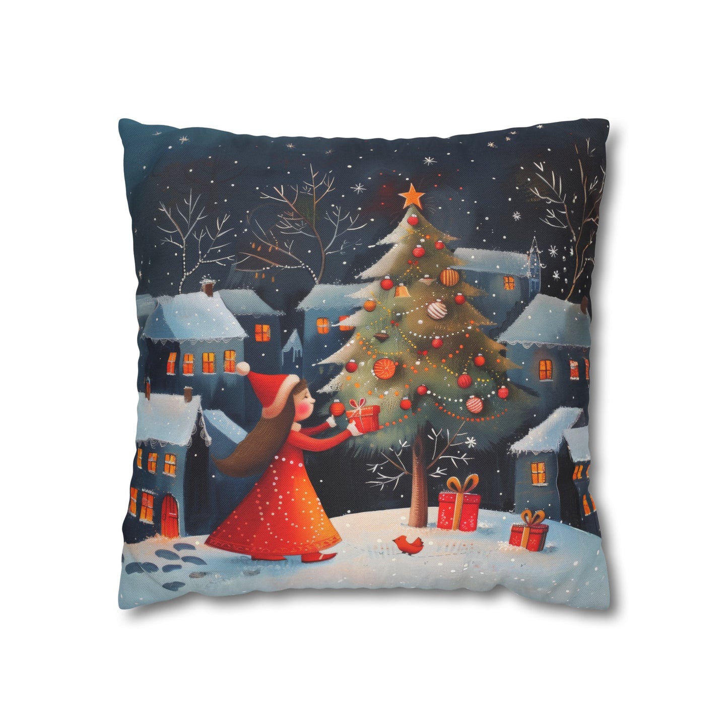 Joyful Surprise: Little Girl Admiring Christmas Tree with Presents Spun Polyester Square Pillowcase 4 Sizes