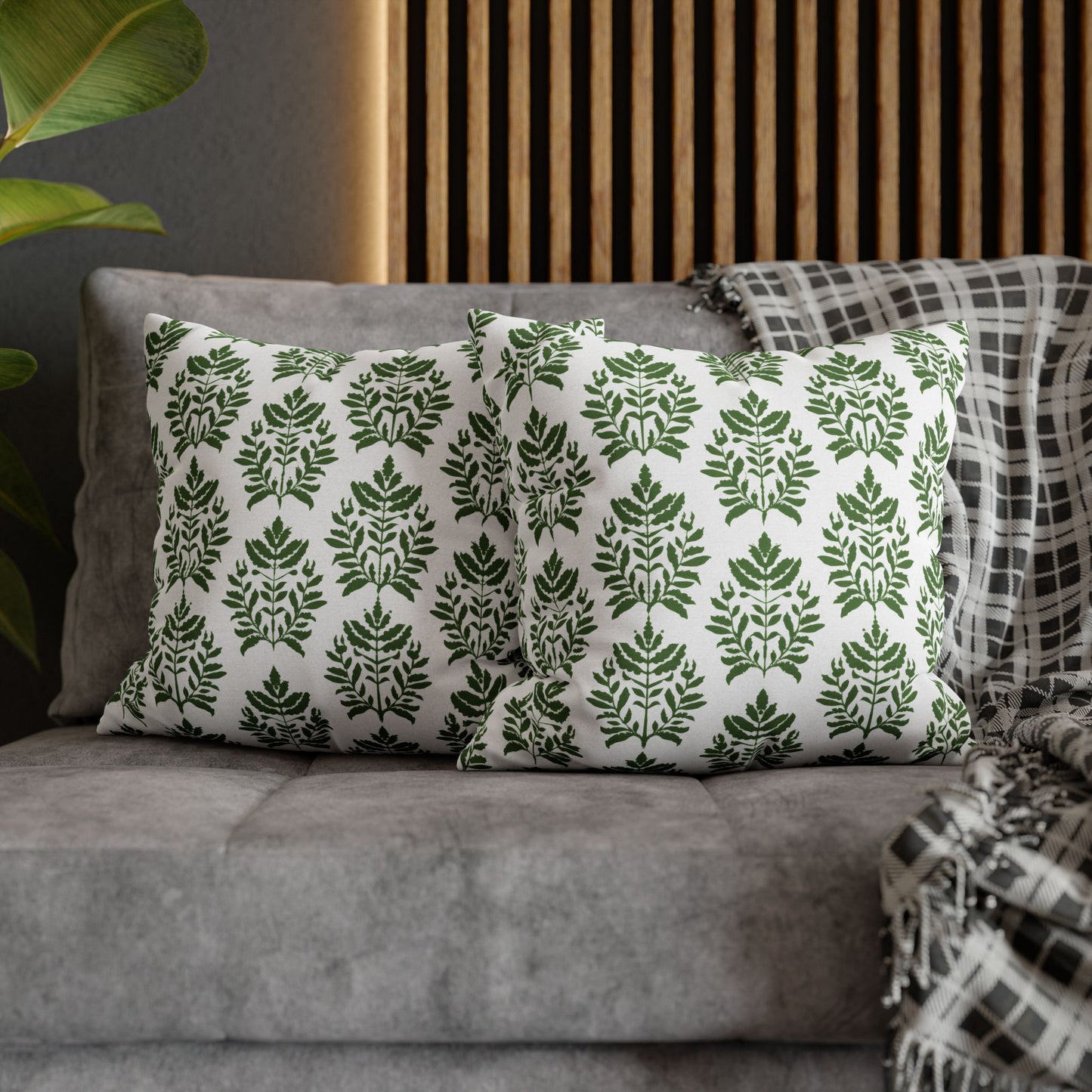 Verdant Harmony in Elegant Green Botanical Block Print Pattern Spun Polyester Square Pillowcase 4 Sizes