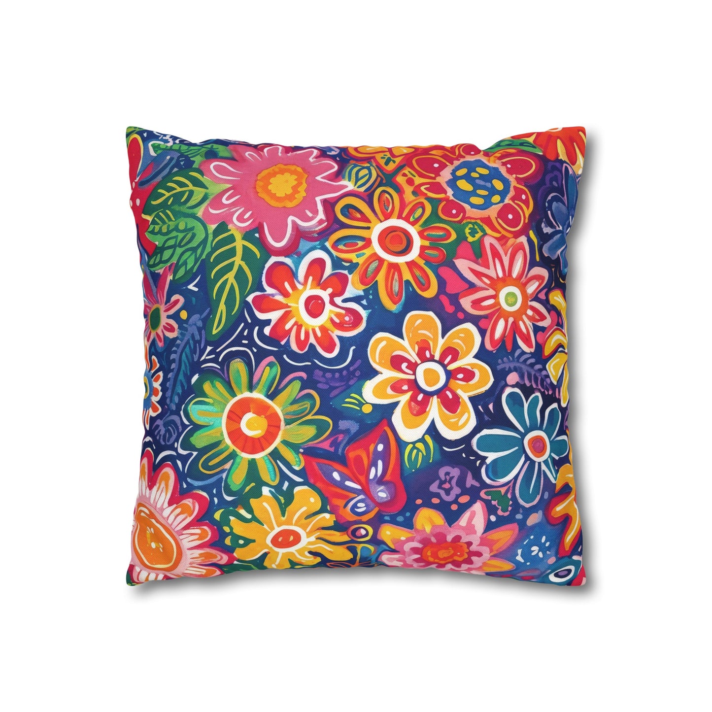 Fluttering Kaleidoscope: Vibrant Multicolor Flowers and Butterflies in Flight Spun Polyester Square Pillowcase 4 Sizes