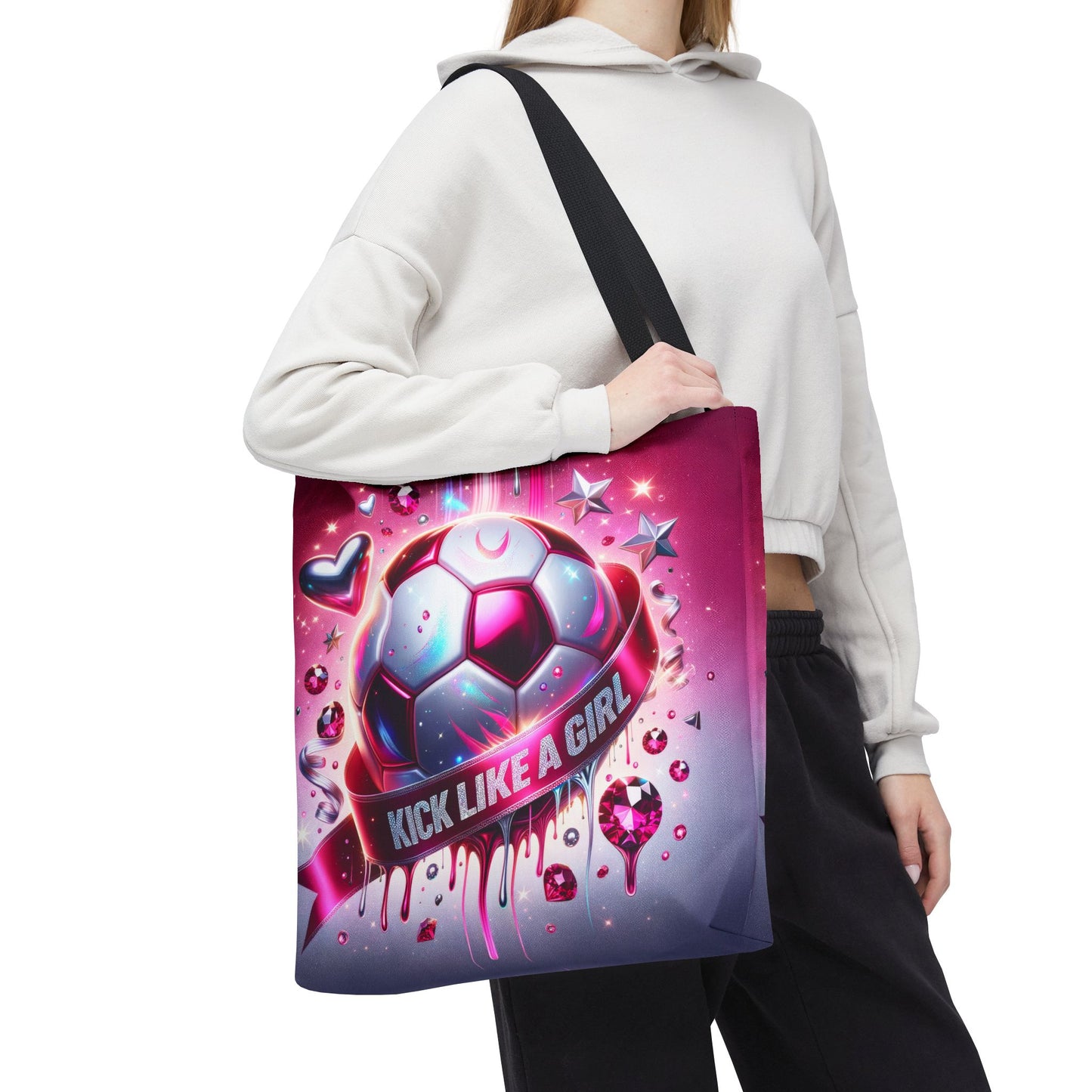 Coquette Bow "Kick Like A Girl" Glitter Glam Girls Soccer Ball Canvas Shopping Tote Bag 3 Sizes