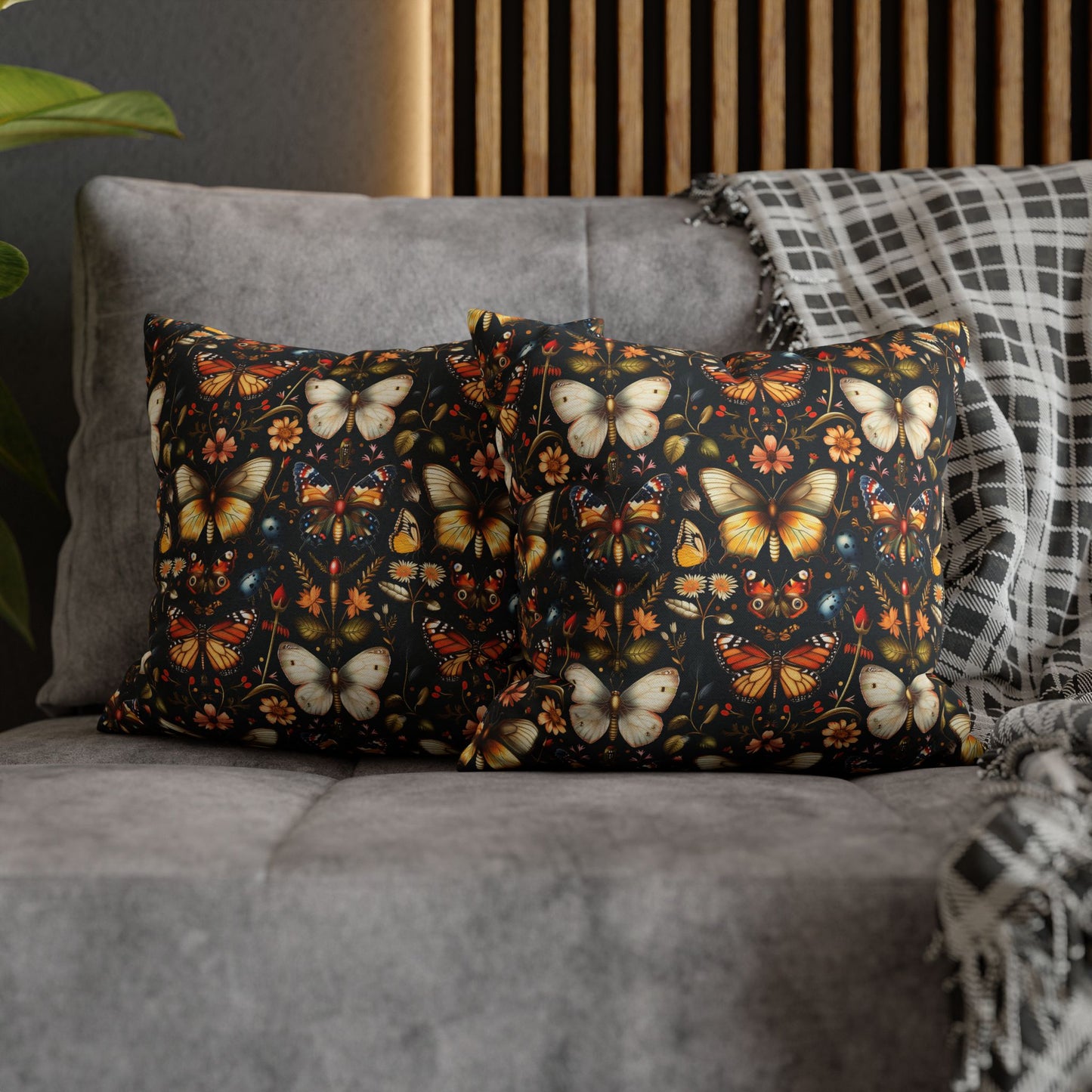 Enchanted Garden of Butterflies and Botanicals in Rich Autumn Hues on a Deep Night Background Polyester Square Pillowcase 4 Sizes