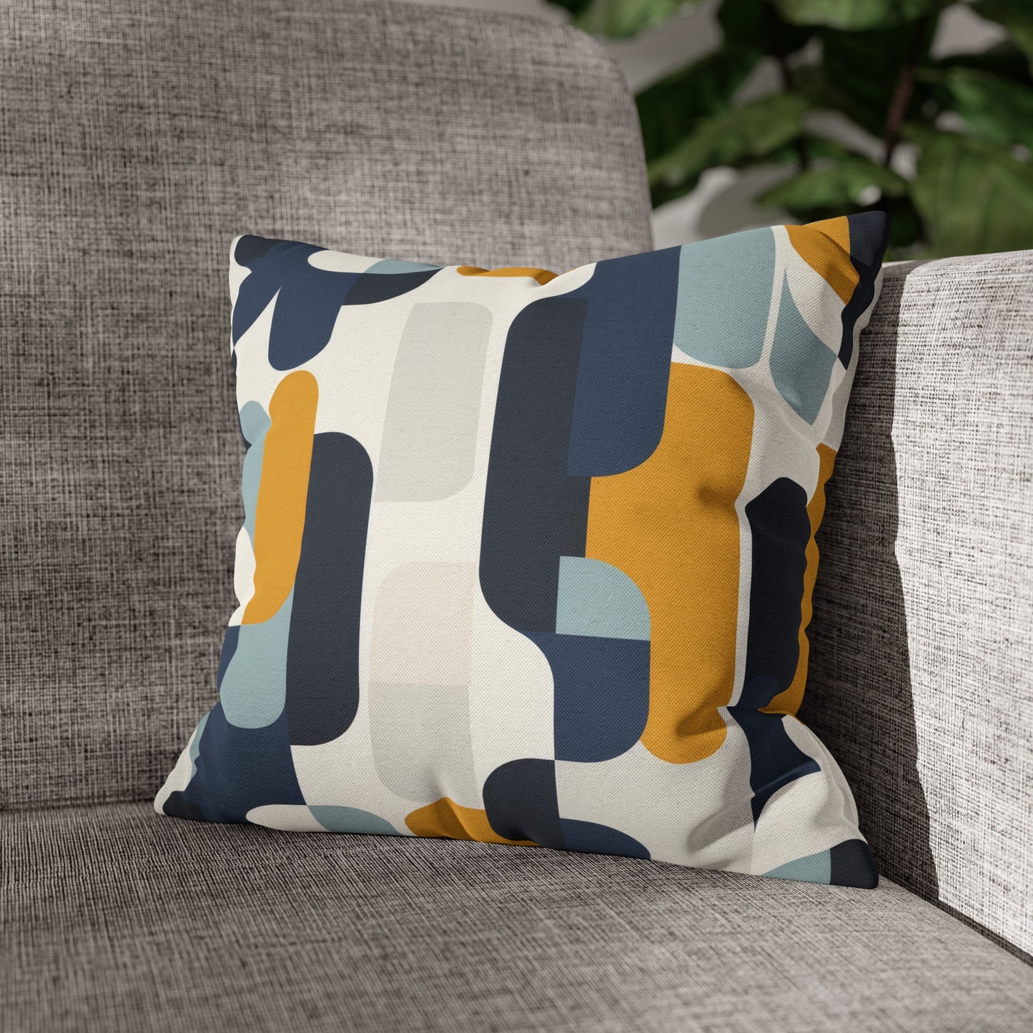 Modern Retro with Bold Geometric Pattern in Mustard and Navy Spun Polyester Square Pillowcase 4 Sizes