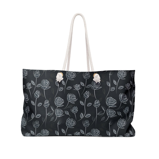 Contrasting Elegance: White Outlined Roses on a Black Background - Weekender Oversized Canvas Tote Bag 24" × 13"