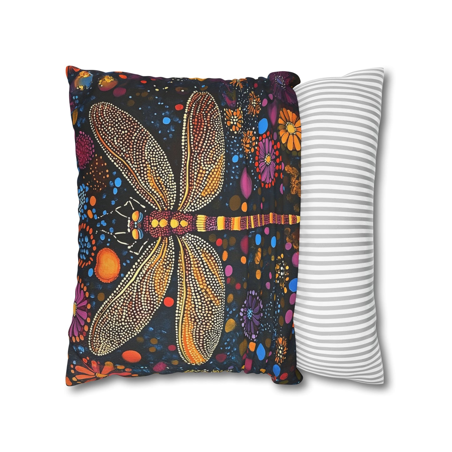 Vibrant Dragonfly Amidst a Kaleidoscope of Dot-Painted Blooms Spun Polyester Square Pillowcase 4 Sizes