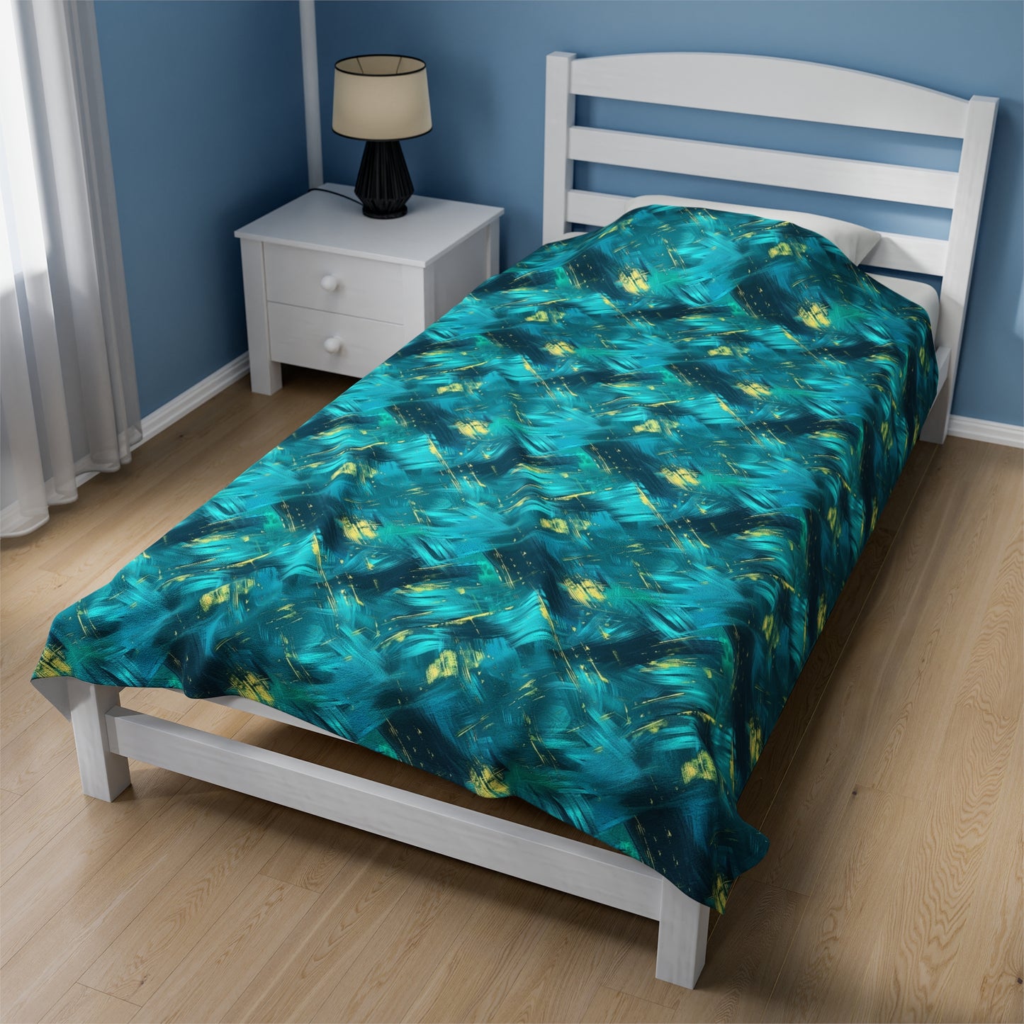 Vibrant Teal and Gold Abstract Brushstroke Pattern Velveteen Plush Blanket 3 Sizes