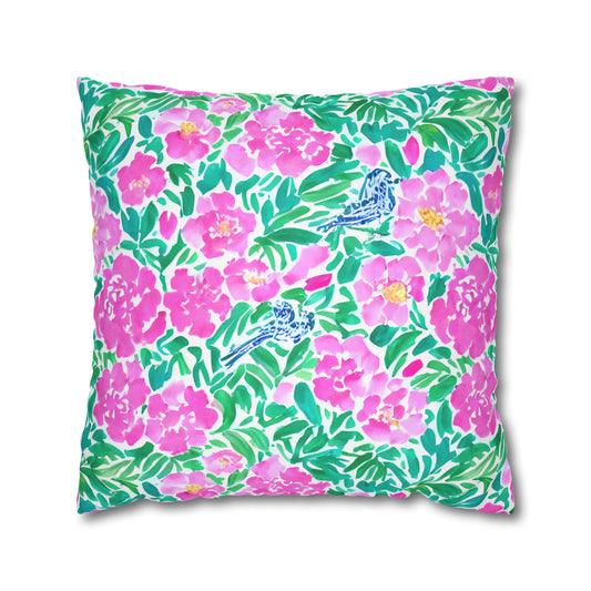 Springtime Whispers: Tiny Birds and Pink Blooms, Subtle Blue Accents, and Lush Green Leaves Spun Polyester Square Pillowcase 4 Sizes