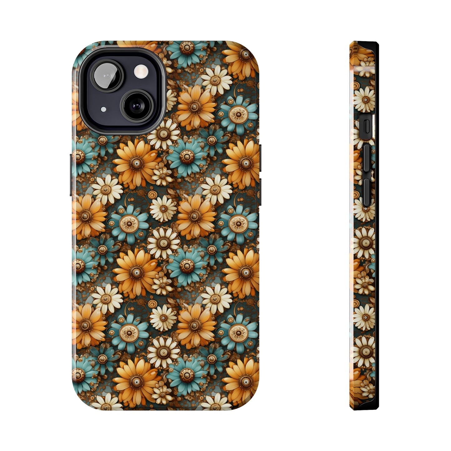 Victorian Steampunk Cream Gold and Teal Flowers with Gears and Mechanical Elements Iphone Tough Phone Case