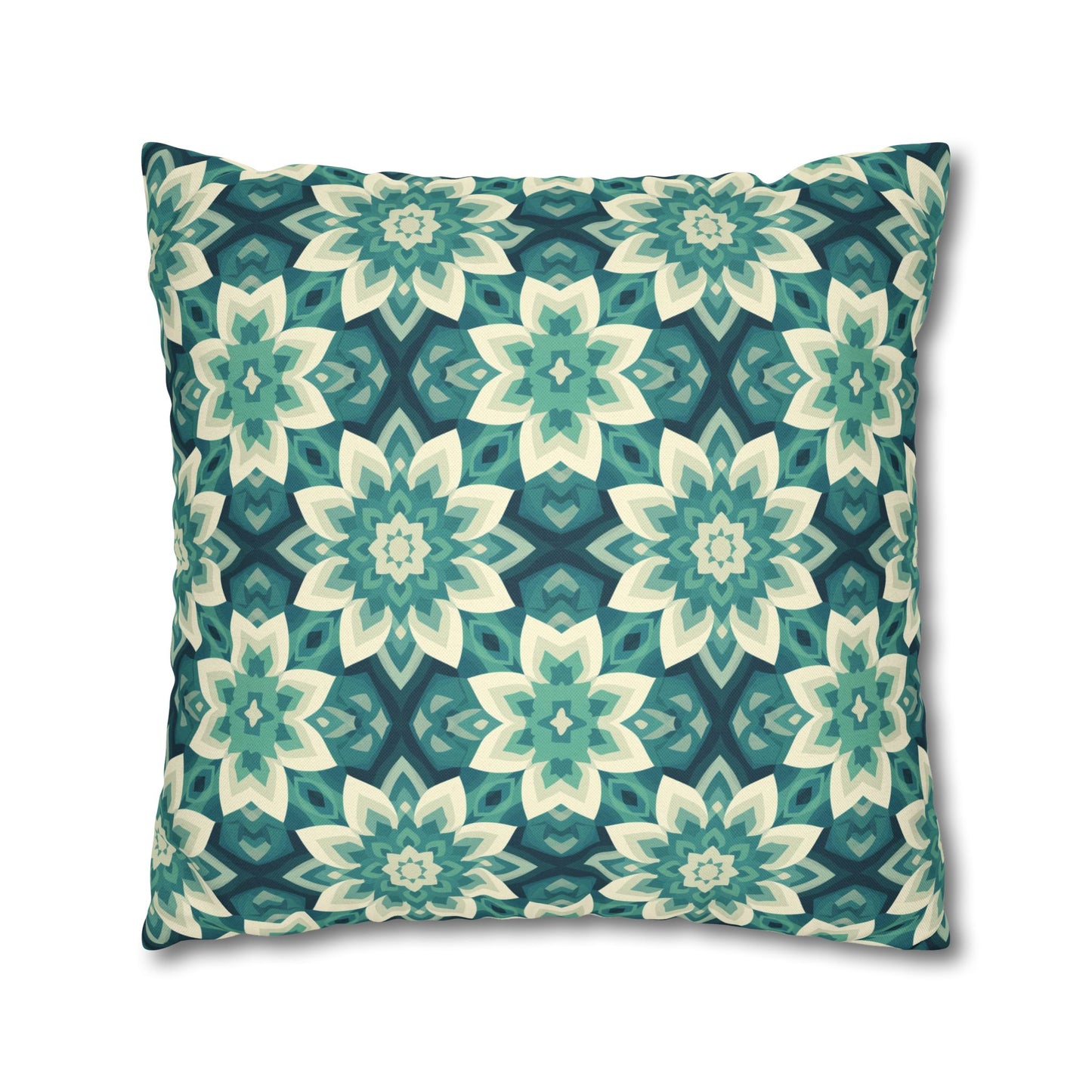 Intricate Aqua and Teal Mandala Floral Pattern Spun Polyester Square Pillowcase 4 Sizes