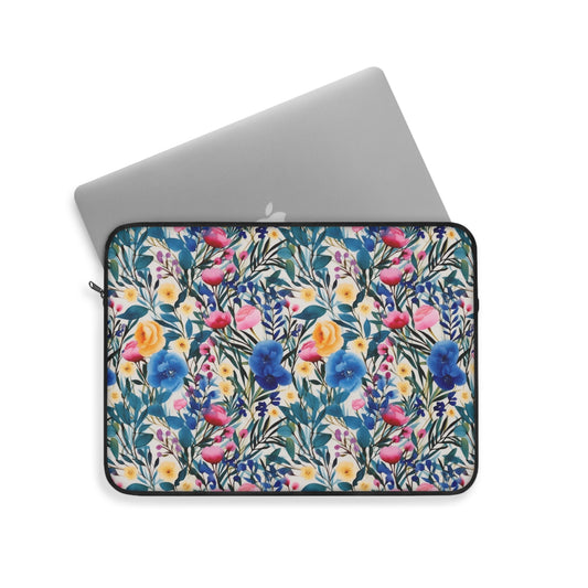 Blooming Brilliance: Large Watercolor Floral Design in Blue, Yellow, and Pink  - Laptop or Ipad Protective Sleeve 3 Sizes