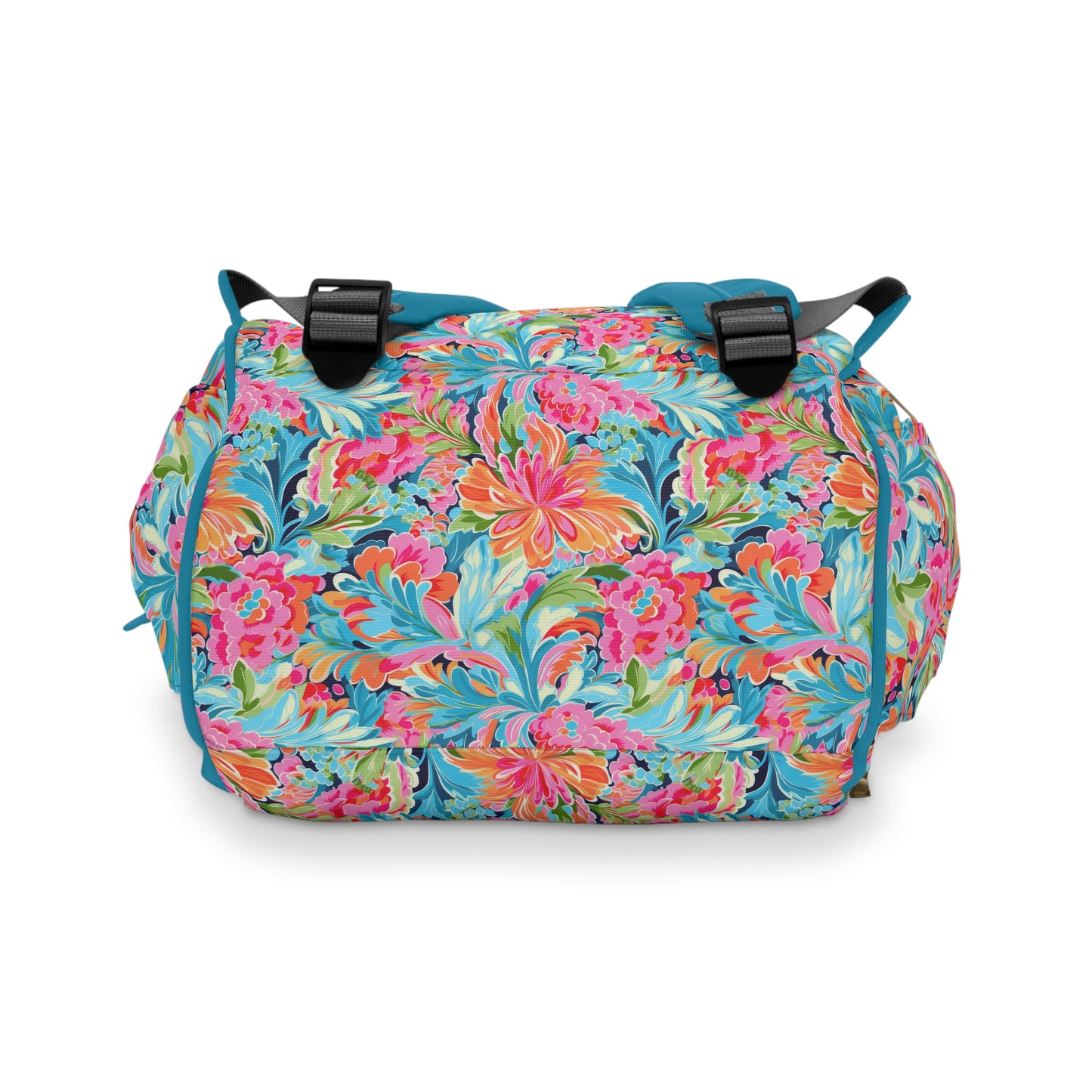 Tropical Radiance: Bursting Summer Blooms in Teal, Orange, and Pink Multifunctional Diaper Backpack