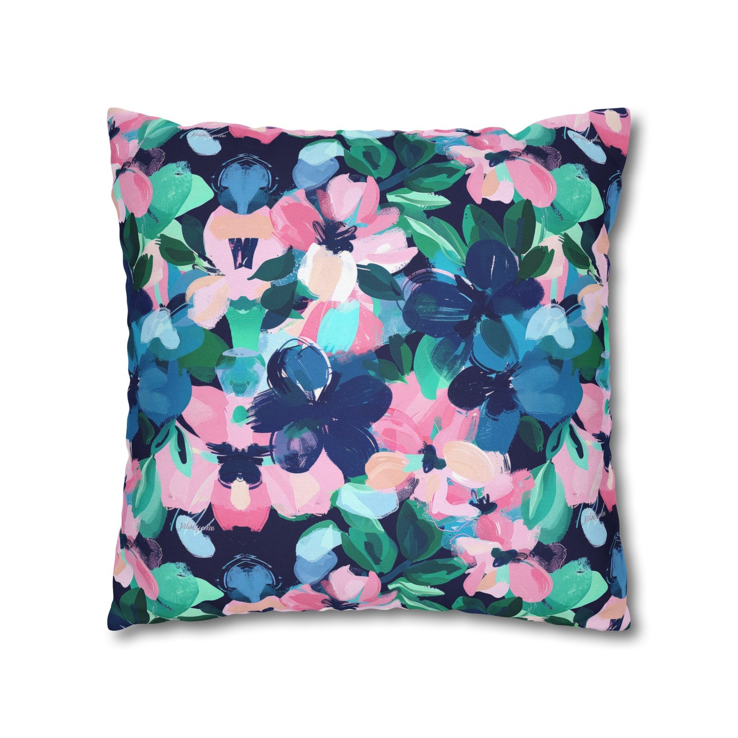 Tranquil Blooms: Muted Blue, Pink, and Green Watercolor Flowers Spun Polyester Square Pillowcase 4 Sizes