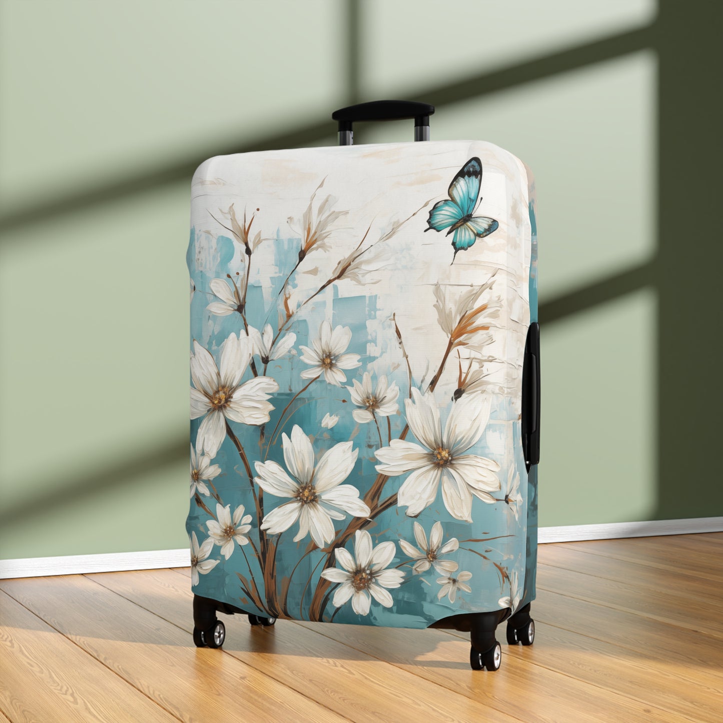 Rustic Farmhouse White and Teal Wild Daisies and Butterflies  - Luggage Protector and Cover 3 Sizes