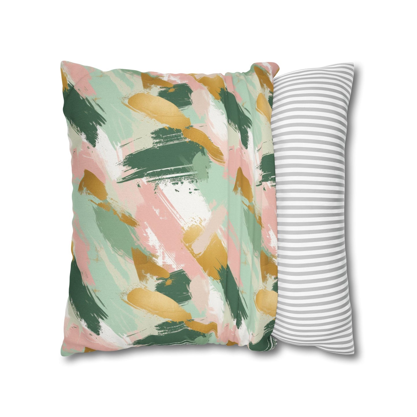 Spring Brushstrokes Abstract in Light Green, Pink, and Gold Spun Polyester Square Pillowcase 4 Sizes