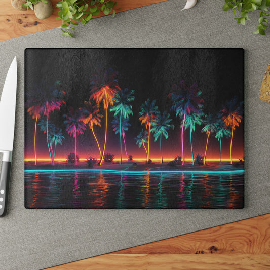 Beach Sunset Neon Palm Trees Tropical Ocean Glass Cutting Board, Charcuterie Serving Tray 2 Sizes