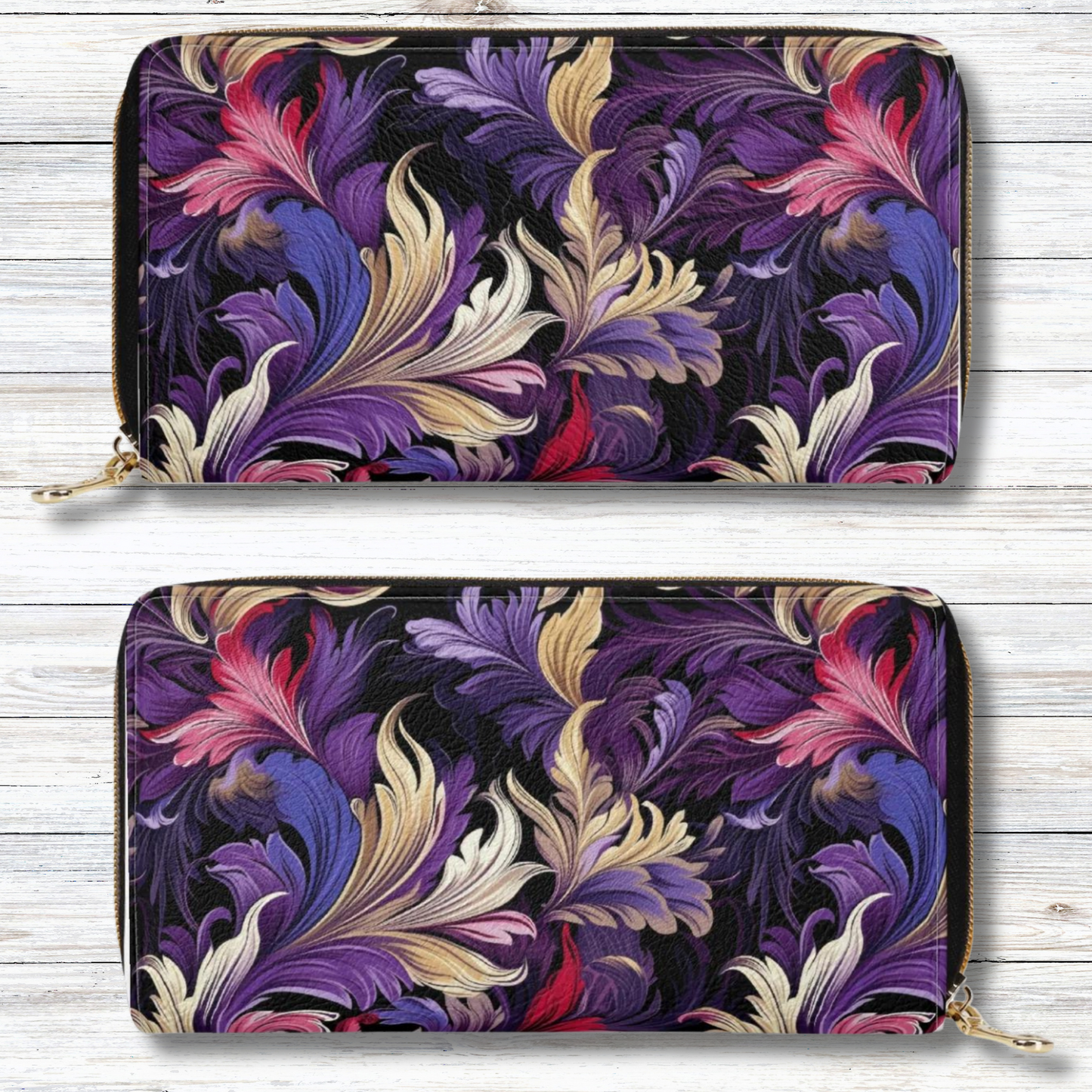 Purple, Gold & Pink Floral Swirls of Filigree Design Leather Wallet (PU)