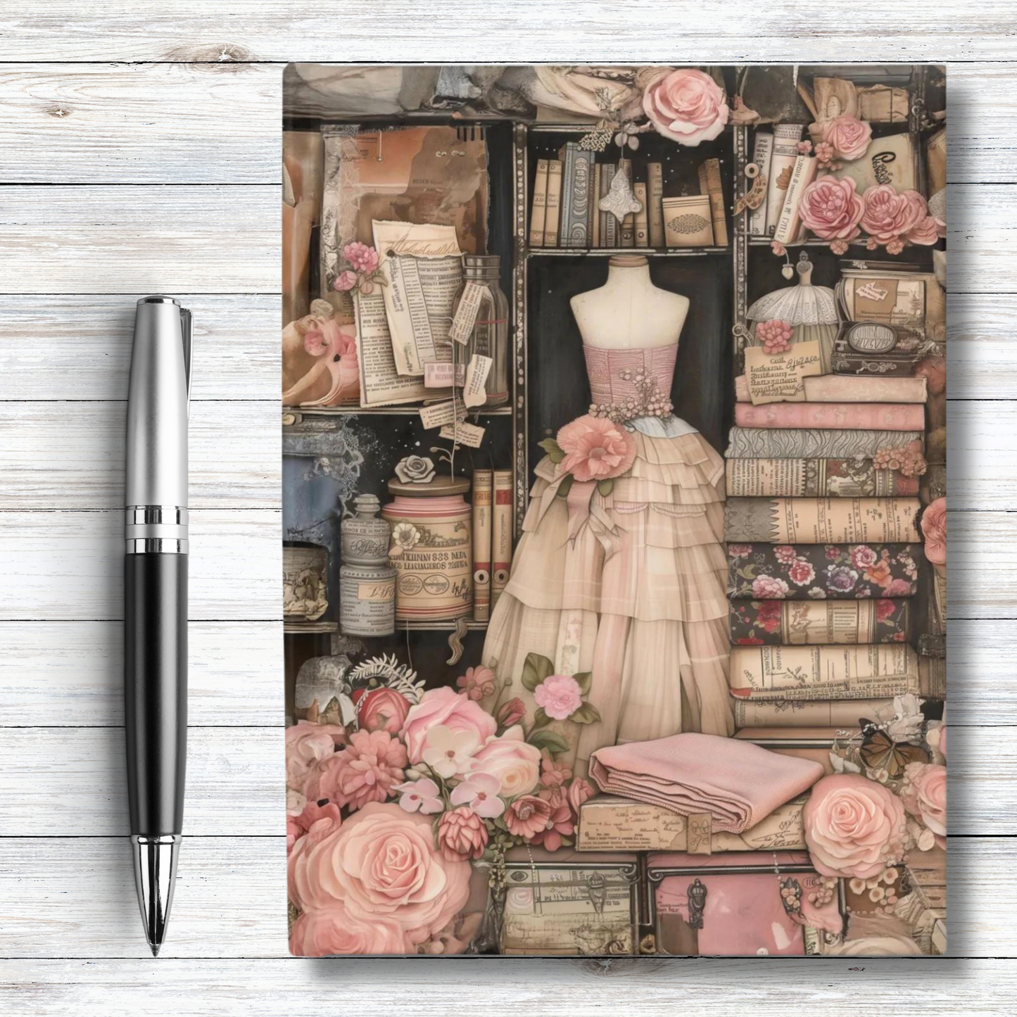 Vintage Victorian Couture Seamstress Shop adorned with Dresses and Floral Splendor - Hardcover Ruled Line Journal 5" x 7"