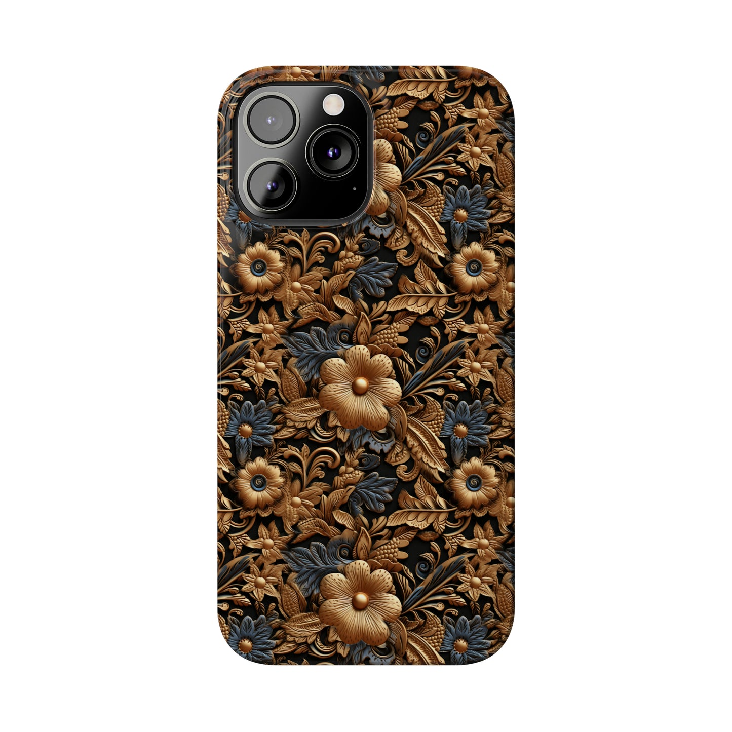 Tooled Leather Gold Flowers with Blue Leaves Accent Print Design Iphone 15-12 Slim Phone Case