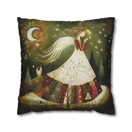 Christmas Angel in Tapestry Dress Amidst a Starlit Forest Spun Polyester Square Pillowcase 4 Sizes