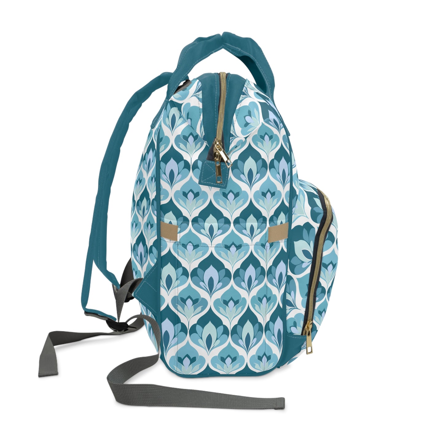 Serene Leaf Motifs Cascading in Cool Hues of Oceanic Blues Multifunctional Diaper Backpack