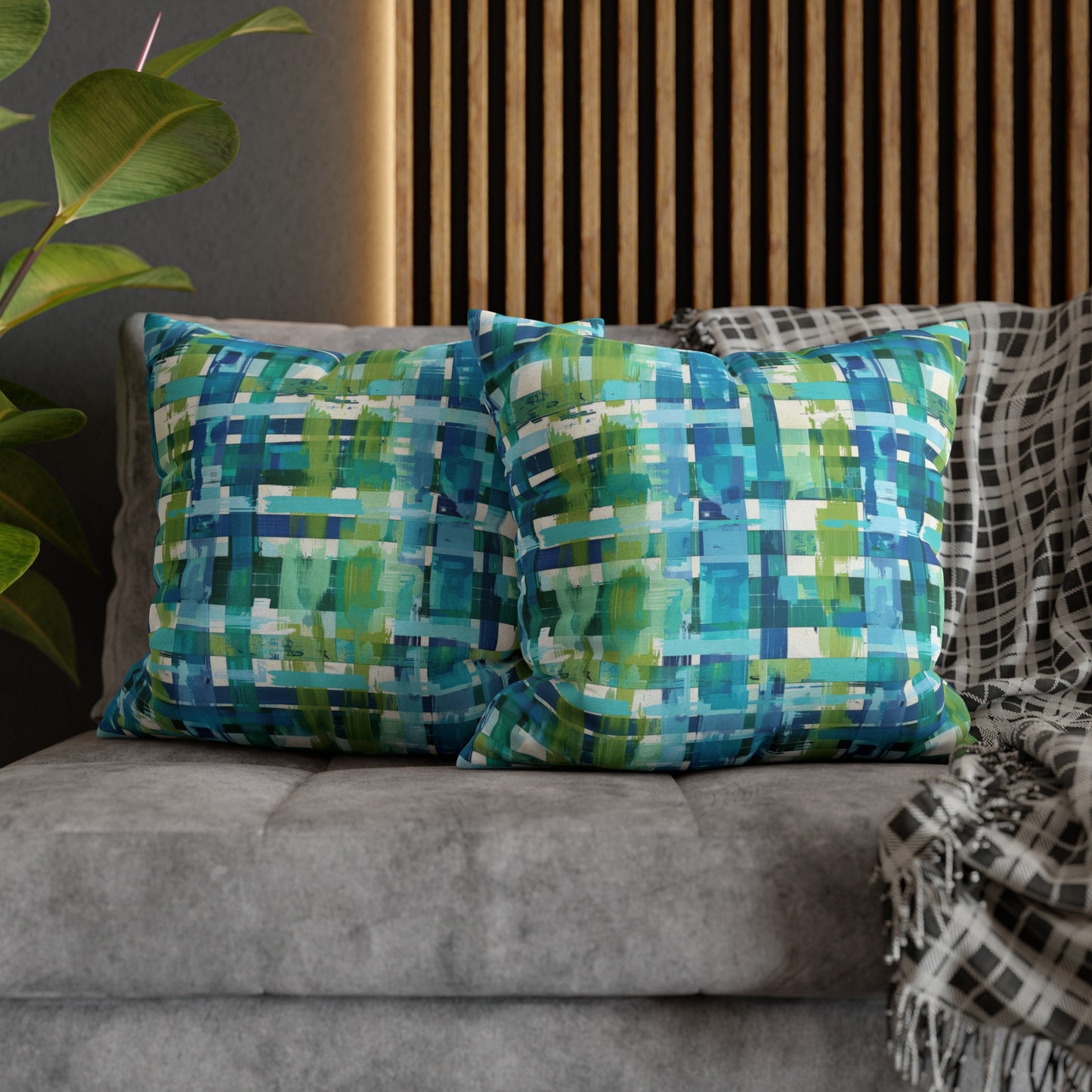 Enchanted Lagoon: Vibrant Green and Blue Abstract Plaid Spun Polyester Square Pillowcase 4 Sizes