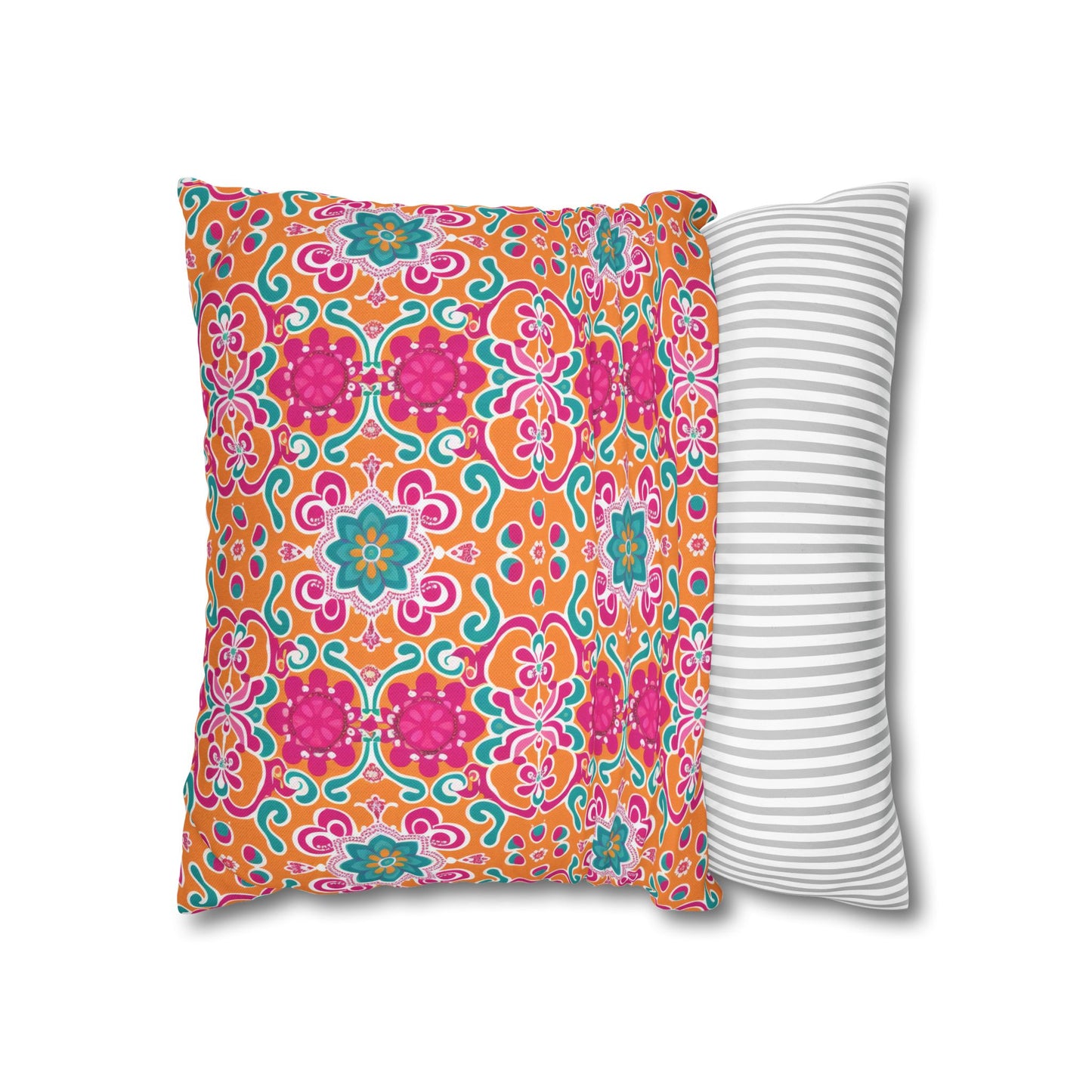 Kaleidoscope of Warm Tangerine, Lush Teal, and Lively Pink Blooms Polyester Square Pillowcase 4 Sizes