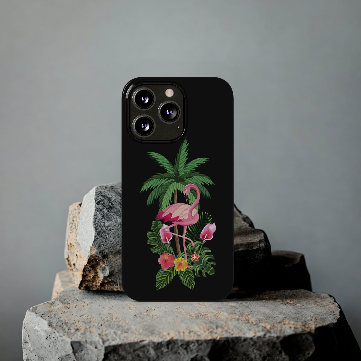 Tropical Pink Flamingo and Flowers Black Background Iphone 15-12 Slim Phone Case