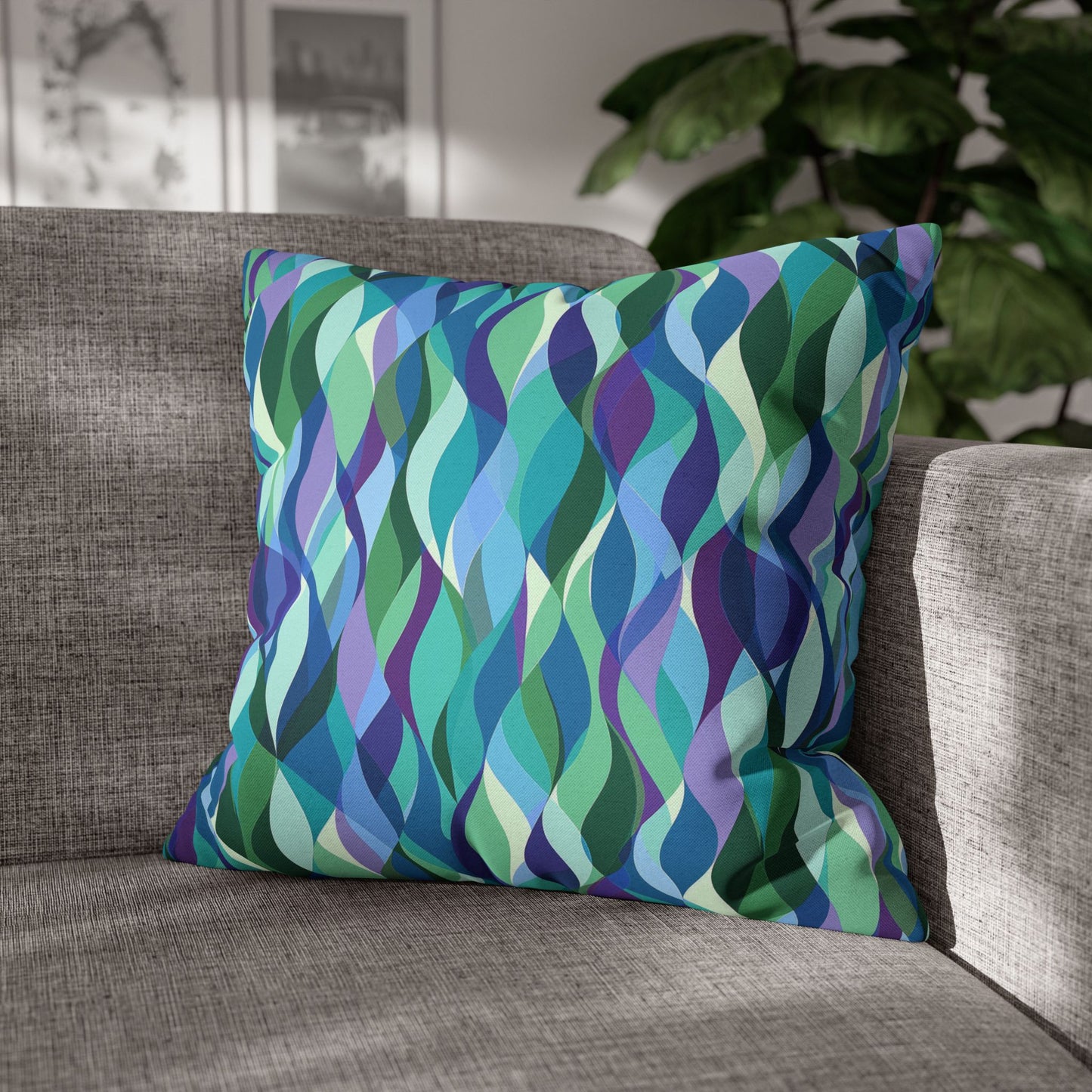 Modern Mosaic Art Ocean Waves of Blue and Green Spun Polyester Square Pillowcase 4 Sizes