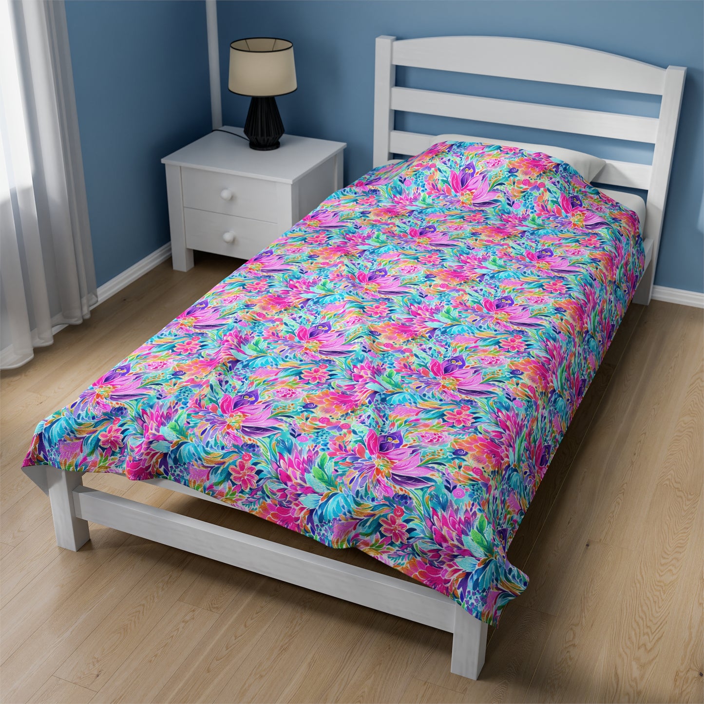 Tropical Prism: Rainbow Watercolor Flowers in Full Bloom Velveteen Plush Blanket 3 Sizes