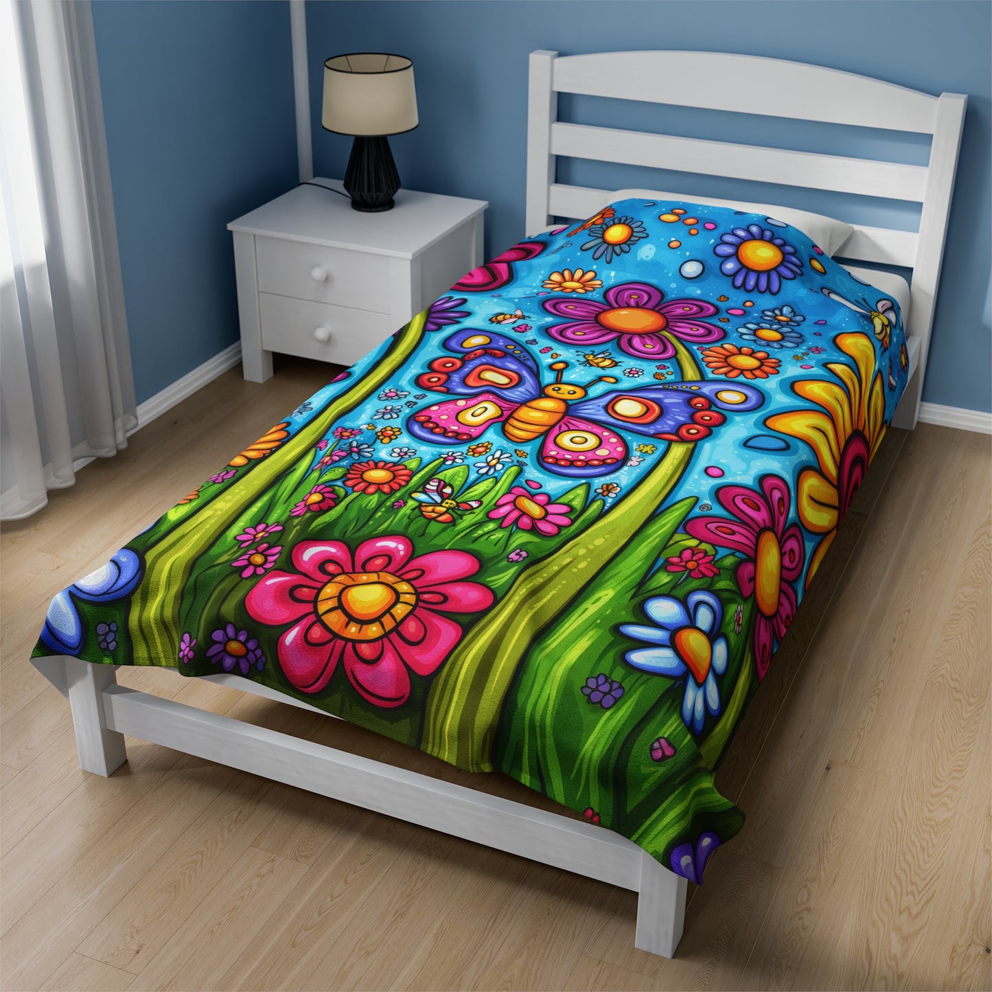 Vibrant Butterfly in Floral Fantasy with Bees and Blossoms Velveteen Plush Blanket 3 Sizes