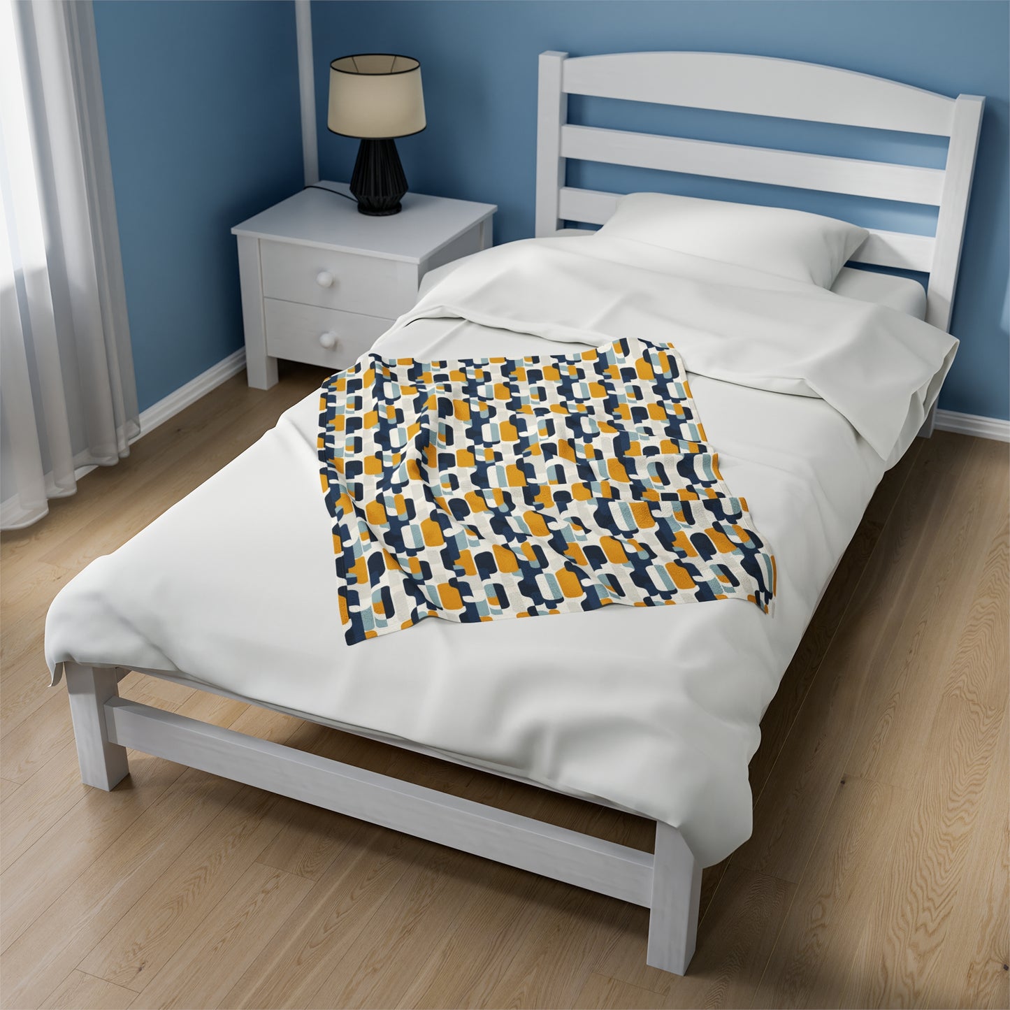 Modern Retro with Bold Geometric Pattern in Mustard and Navy Velveteen Plush Blanket 3 Sizes