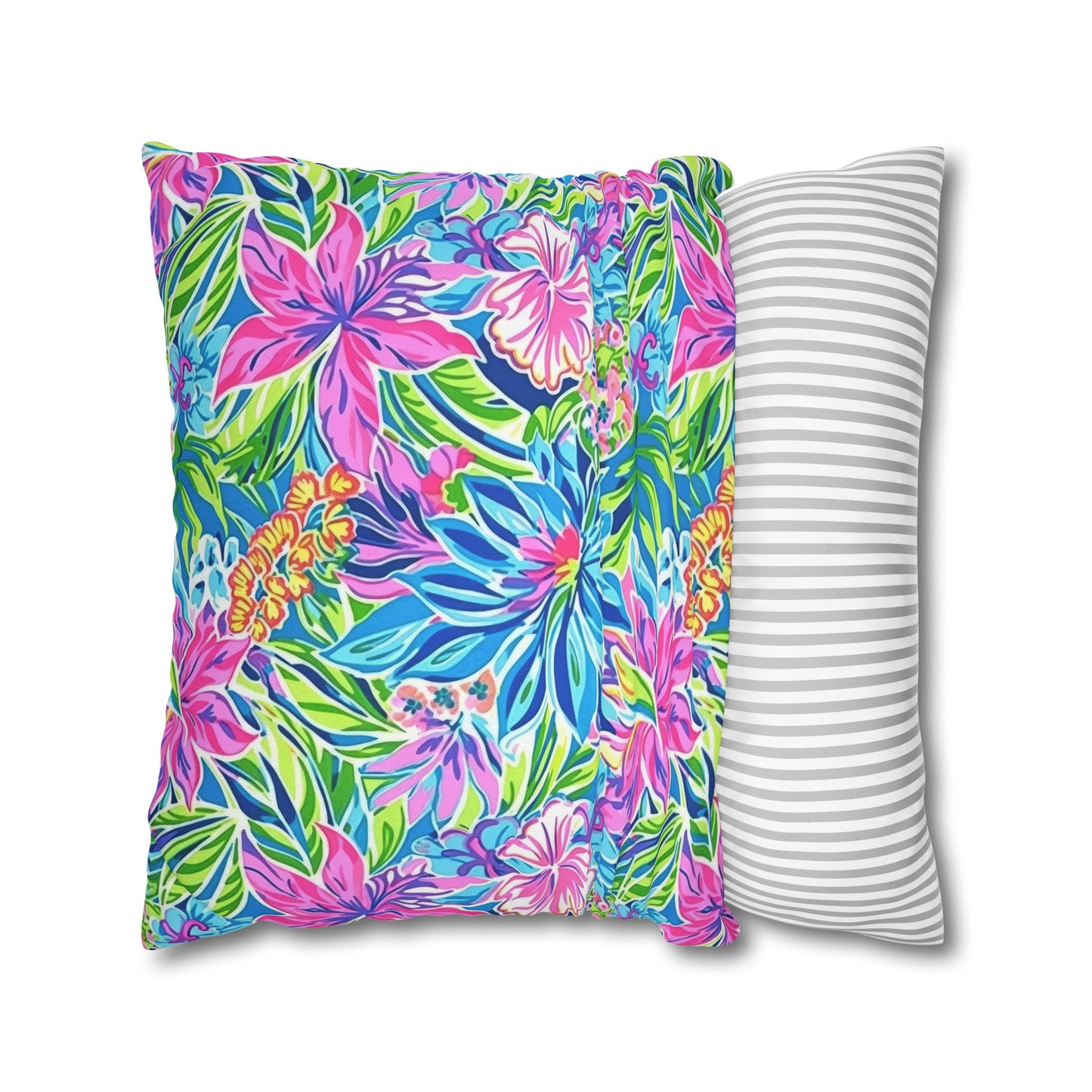 Summer Harmony: Pink and Blue Blooms with Lush Green Leaves Spun Polyester Square Pillowcase 4 Sizes