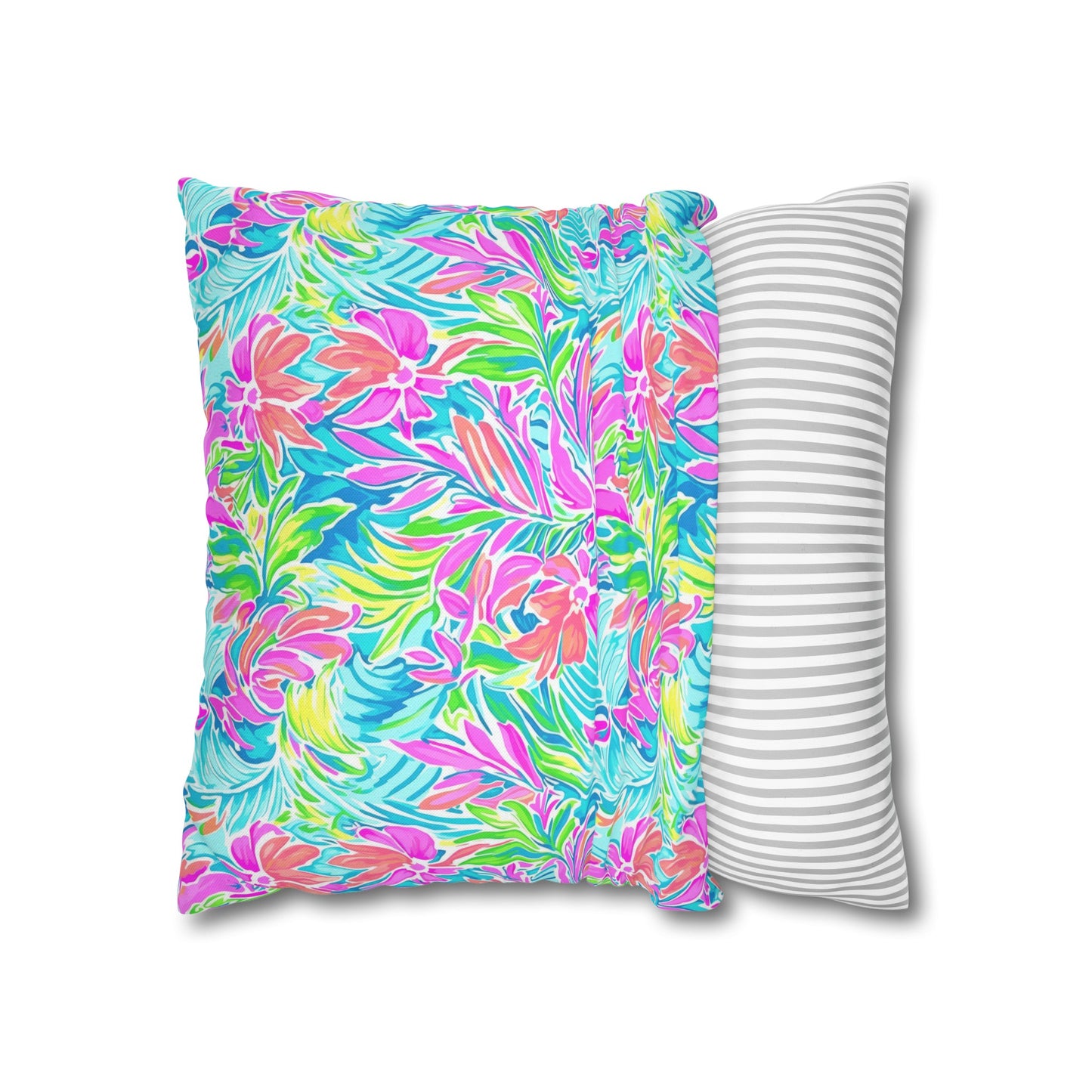 Neon Tropics: Vibrant Rainbow Flowers and Palm Leaves in Electric Splendor Spun Polyester Square Pillowcase 4 Sizes