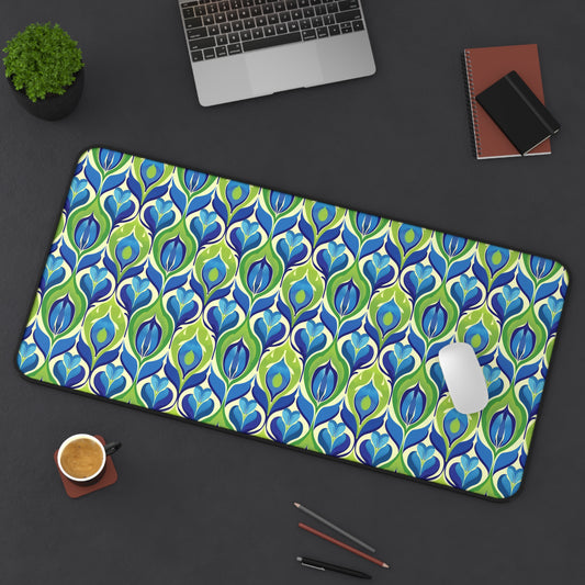 Retro Vibrant Peacock Blue and Green Floral Design Extended Gaming Mouse Pad  Desk Mat  - 3 Sizes