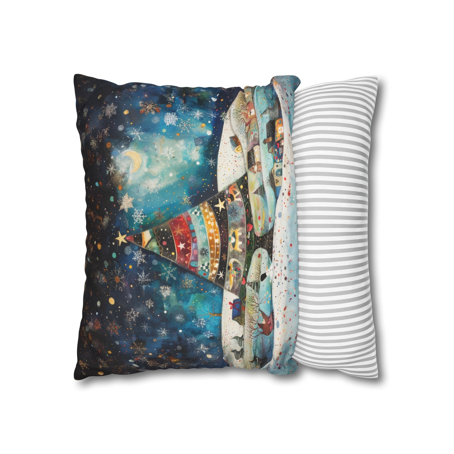 Twilight Treasures: Folk Art Christmas Tree Adorning a Town at Night Spun Polyester Square Pillowcase 4 Sizes