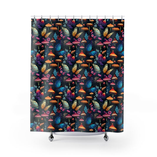 Mystical Butterflies and Mushroom Nighttime Garden Bathroom Shower Curtain   71" × 74"