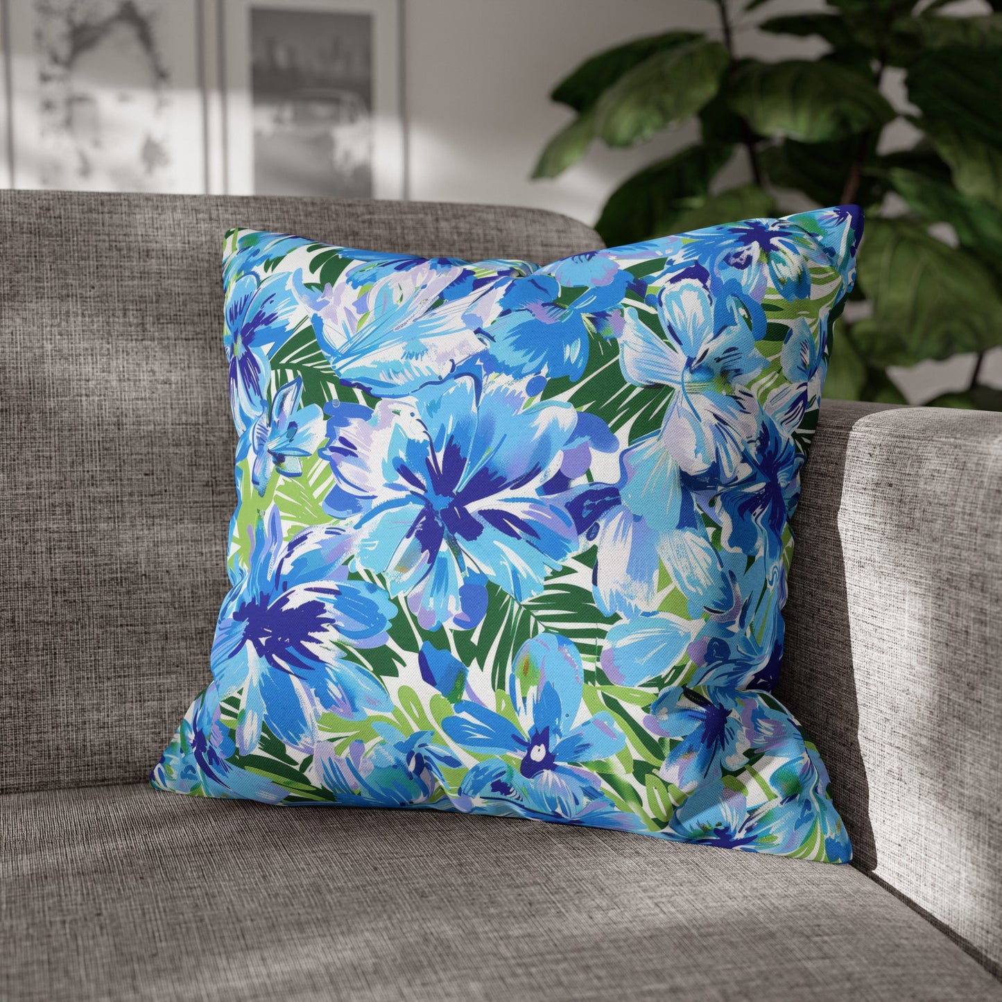 Azure Bloom Oasis: Bright Blue Large Flowers with Lush Green Palm Leaves Spun Polyester Square Pillowcase 4 Sizes