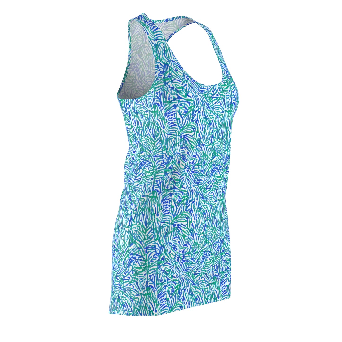 Tropical Fusion: Abstract Palm Leaves in Lime Green and Blue Hues Women's Racerback Dress XS - 2XL