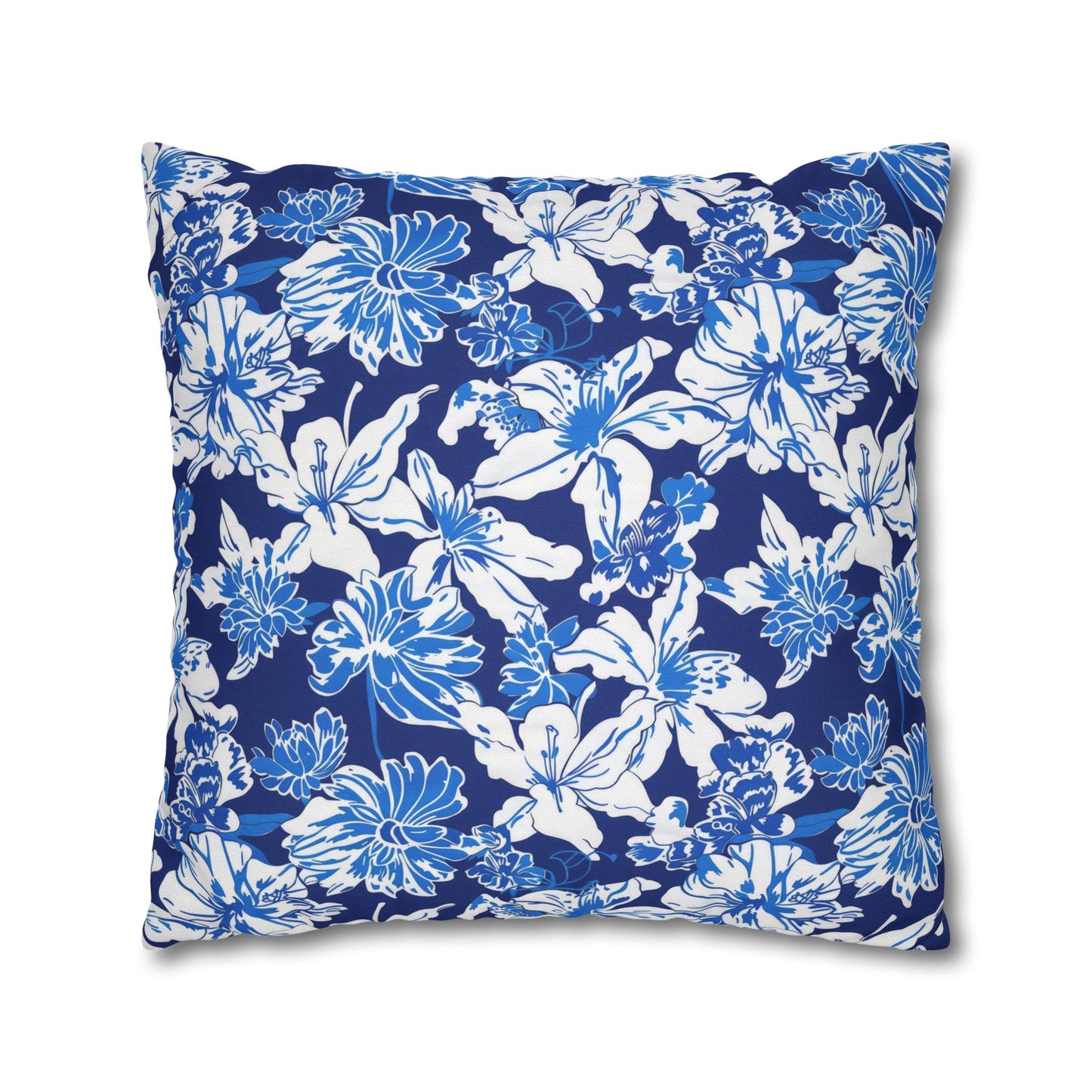 Oceanic Bloom: Watercolor Tropical Flowers in White and Blue against a Deep Blue Background Spun Polyester Square Pillowcase 4 Sizes